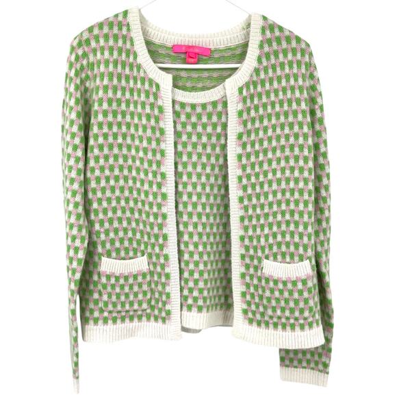Lilly Pulitzer Viera Sweater Set Pink Green White Check Clear Sequin Women's Med - Picture 1 of 11